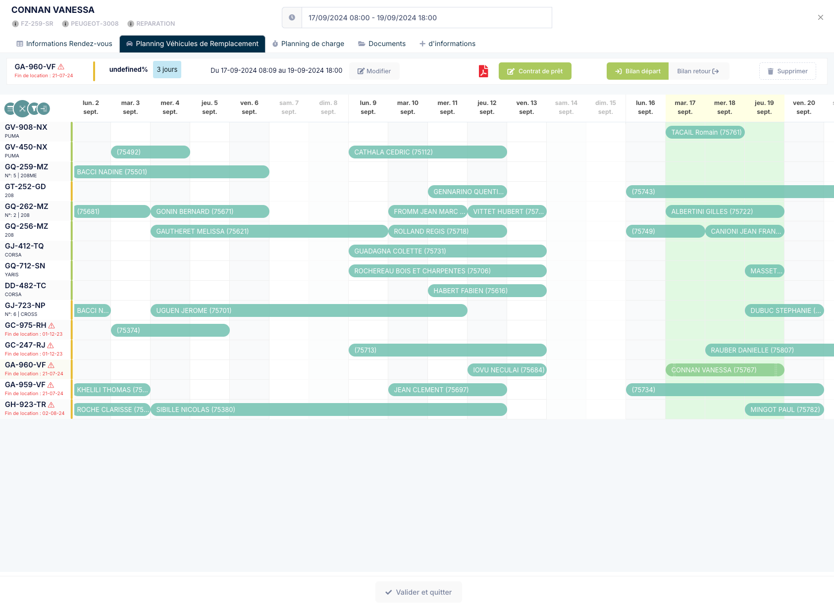 Planning des véhicules de prêt